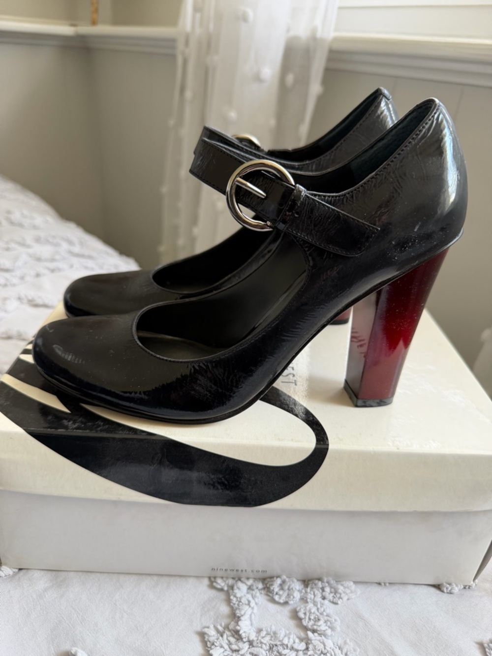 Women's Black Patent Mary Jane Pump with Red Block Heel